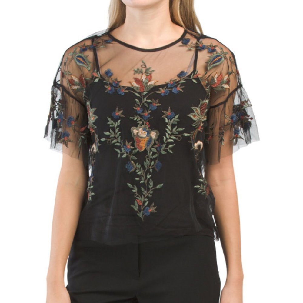 NWT Dalia Floral Embroidered Mesh Top with Detachable camisole s